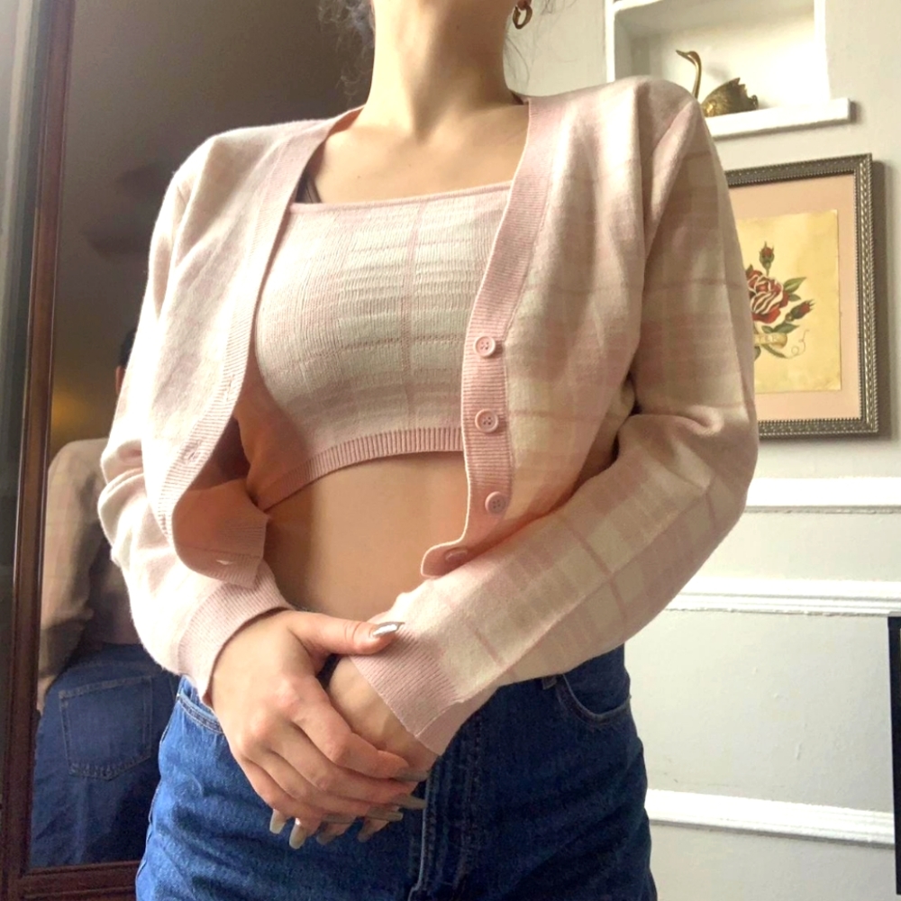 Love Tree Pink and White Plaid Cropped Cardigan